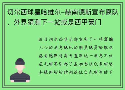 切尔西球星哈维尔-赫南德斯宣布离队，外界猜测下一站或是西甲豪门